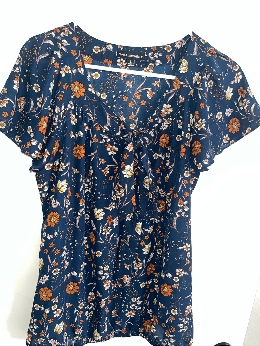 Sara Michelle Navy Floral Tie-Neck Flutter Sleeve Blouse